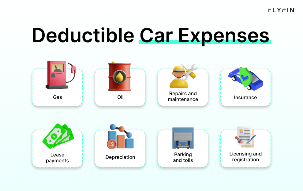 Alt text: A list of deductible car expenses including gas, repairs, maintenance, parking, tolls, insurance, depreciation, licensing, and registration for self-employed individuals, 1099 workers, and freelancers to consider for taxes.