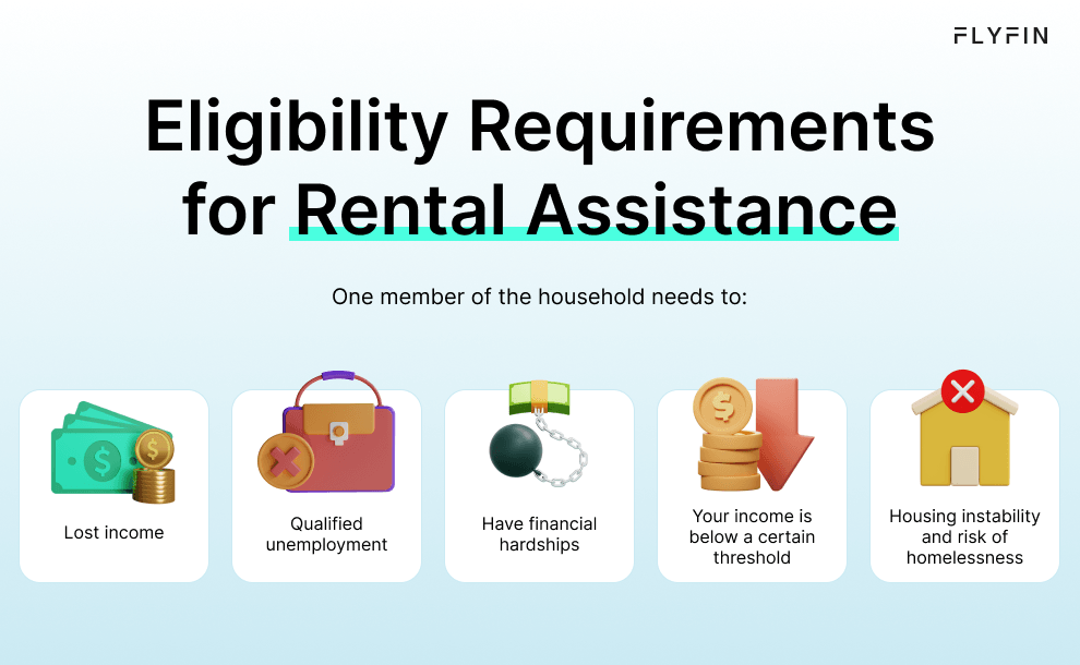 Alt text: Flyfin image with eligibility requirements for rental assistance. Includes lost income, qualified unemployment, financial hardships, housing instability, and risk of homelessness. No mention of self-employment, 1099, freelancer, or taxes.