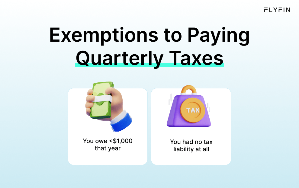 Alt text: Flyfin image explaining exemptions to paying quarterly taxes for those who had no tax liability that year. Relevant for self-employed, 1099, and freelancers.