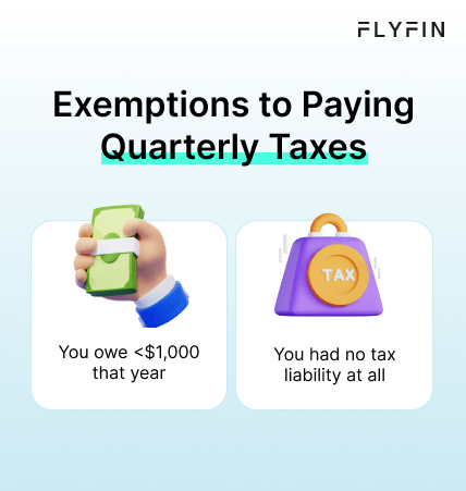 Alt text: Flyfin image explaining exemptions to paying quarterly taxes for those who had no tax liability that year. Relevant for self-employed, 1099, and freelancers.