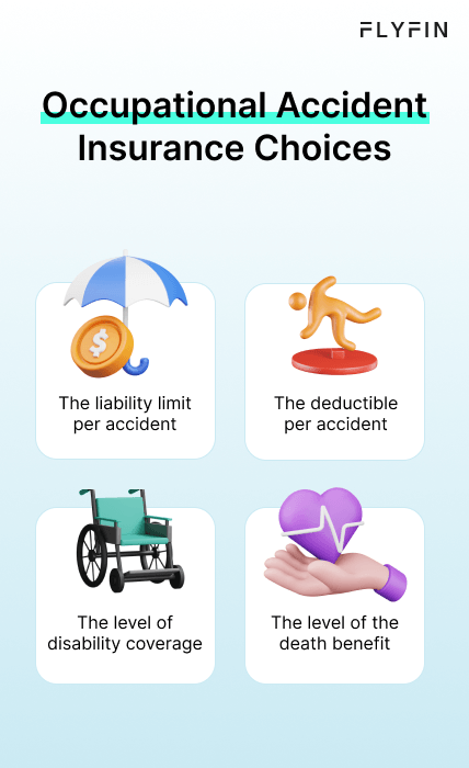 Image shows Flyfin's Occupational Accident Insurance options including liability limit, disability coverage, deductible, and death benefit. Ideal for self-employed, 1099, and freelancers. Taxes not mentioned.