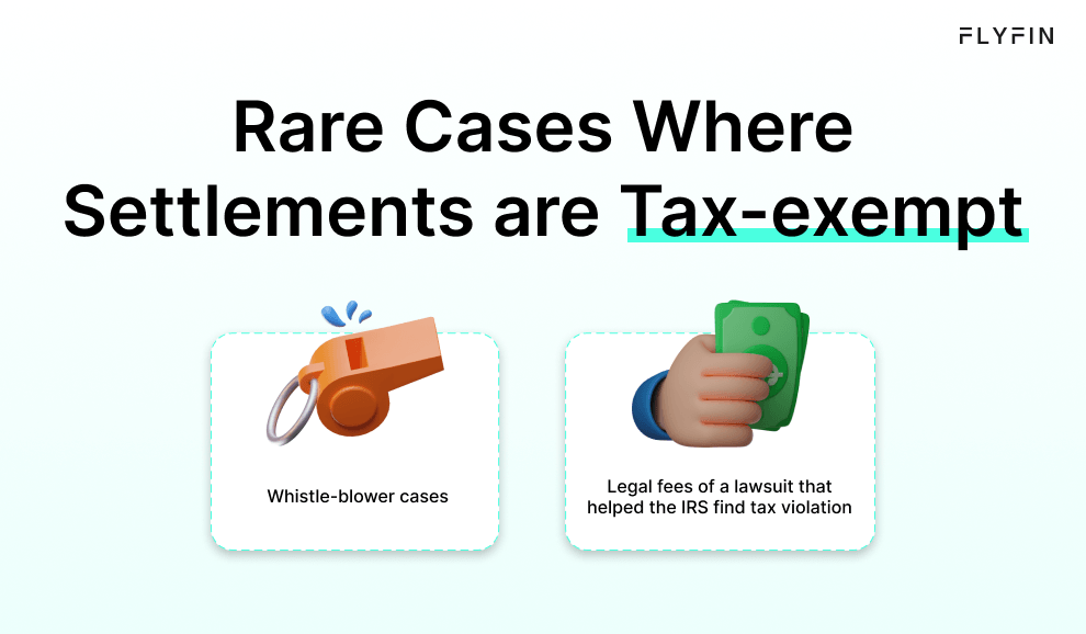 Alt text: Image with text about tax-exempt settlements, whistle-blower cases, and legal fees of a lawsuit that helped IRS find tax violations. Relevant for taxes, self-employed, 1099, and freelancers.