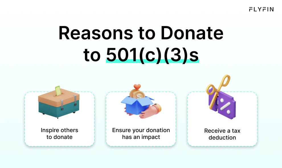 Image promoting donation to 501(c)(3)s. Reasons include inspiring others, ensuring impact, and receiving tax deduction. No mention of self-employment, 1099, freelancer, or taxes.