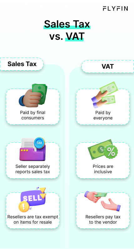 Comparison of Sales Tax and VAT. Sales tax paid by final consumers, while VAT is included in prices. Resellers exempt from sales tax, pay tax to vendor. No relevance to self employed, 1099, freelancer or taxes.