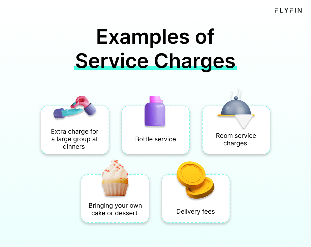 Image showing examples of service charges at FLYFIN restaurant including extra charges for large groups, room service, bottle service, delivery fees, and bringing your own cake or dessert. No mention of self-employment, 1099, freelancer, or taxes.