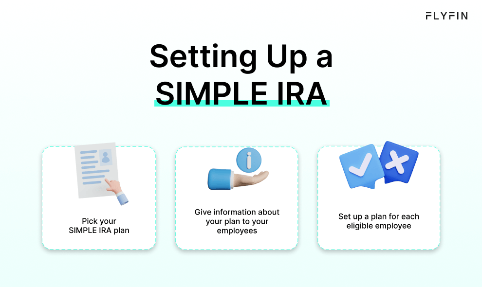 Image shows steps to set up a SIMPLE IRA plan with FLYFIN. Pick a plan, inform employees, and set up a plan for each eligible employee. No mention of self-employed, 1099, freelancer, or taxes.