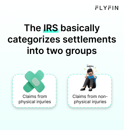 Image shows text about IRS categorizing settlements into two groups - claims from physical and non-physical injuries. No mention of self-employment, 1099, freelancer or taxes.