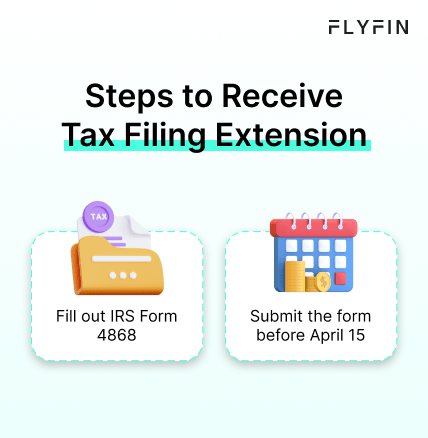 Alt text: Image with text "FLYFIN - Steps to Receive Tax Filing Extension: Fill out IRS Form 4868 and submit before April 15" for tax filing extension.
