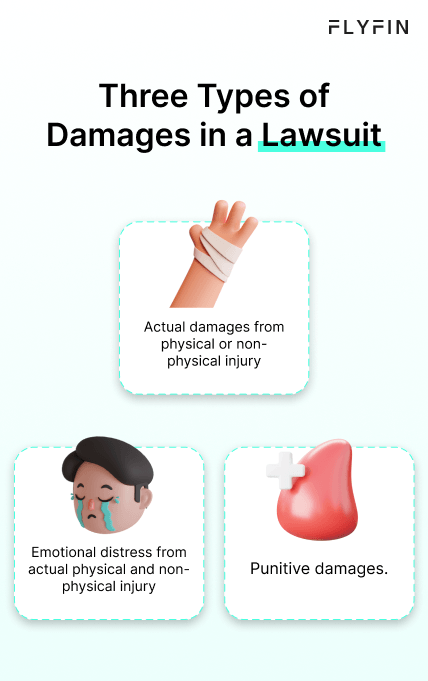 Image describing three types of damages in a lawsuit - actual damages from injury, emotional distress from injury, and punitive damages. No relevance to self employed, 1099, freelancer, or taxes.