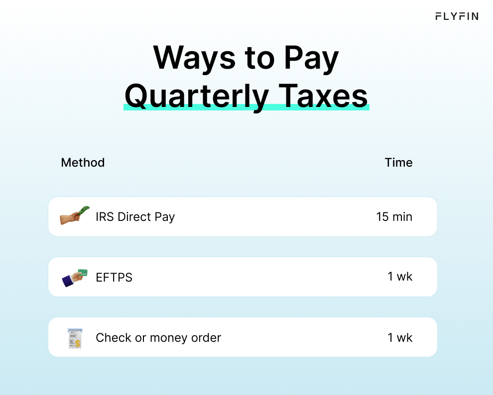 Alt text: Ways to pay quarterly taxes including IRS Direct Pay, EFTPS, check or money order. Takes 15 minutes to pay online and 1 week for check processing. Useful for self-employed, 1099, and freelancers.