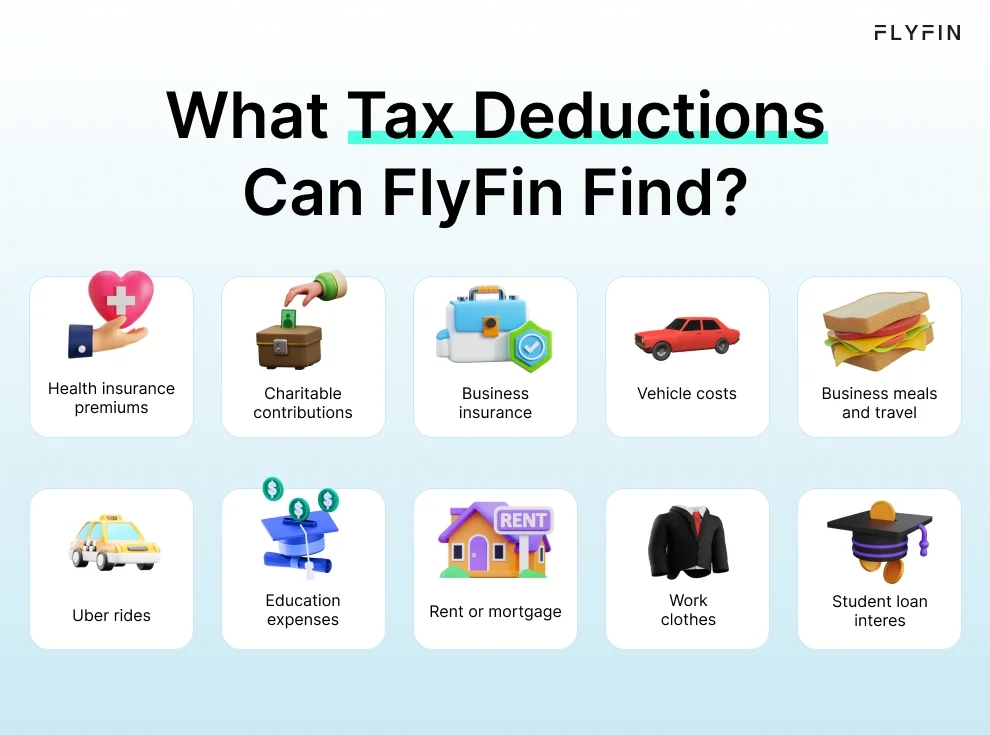 Infographic entitled What Tax Deductions Can FlyFin Find listing business deductions freelancers and business owners can write off on their taxes.