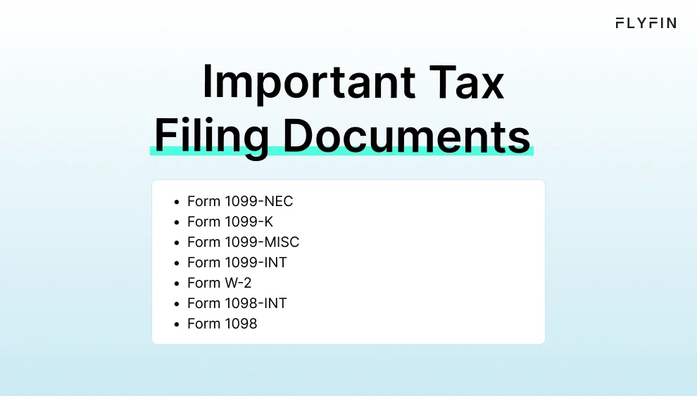 Infographic entitled Important Tax Filing Documents FlyFin CPAs will ask self-employed individuals to upload to the app.