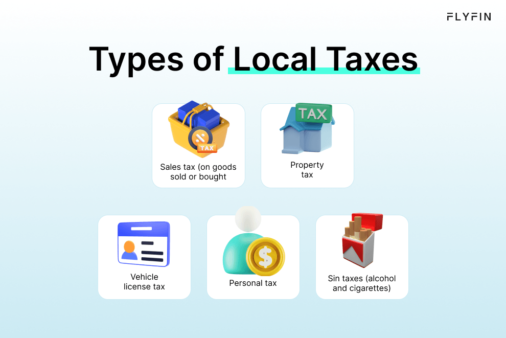 Infographic entitled Types of Local Taxes listing taxes that freelancers should know when paying self-employment taxes.