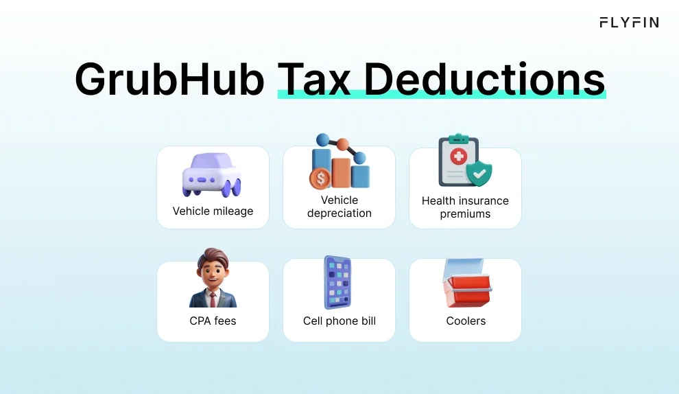 Infographic entitled GrubHub Tax Deductions showing common 1099 tax write-offs for GrubHub delivery drivers. 