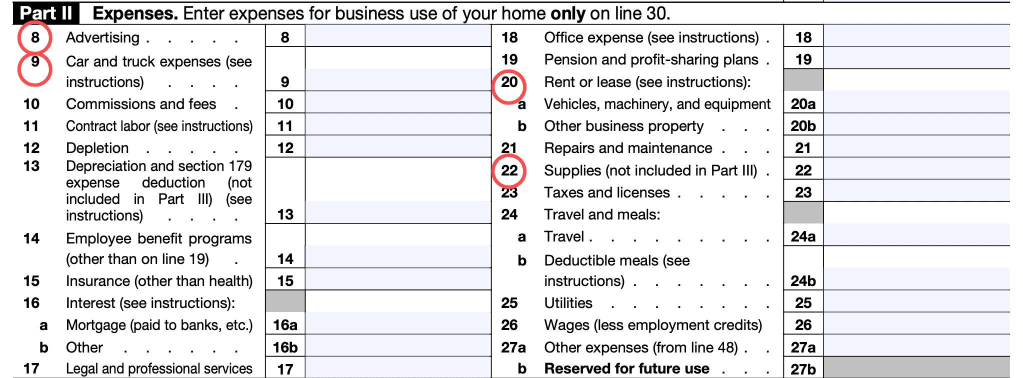 Image displaying a list of expenses for business use of home, including advertising, car expenses, legal services, rent, travel, and taxes. Useful for self-employed, 1099, and freelance workers filing taxes.