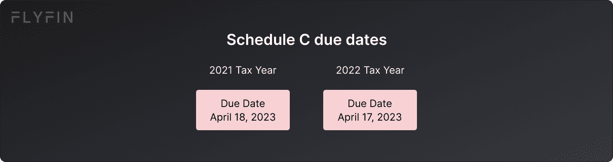Alt text: Schedule C due dates for taxes. 2021 tax year due on April 18, 2023 and 2022 tax year due on April 17, 2023. Relevant for self-employed, 1099, and freelancers.