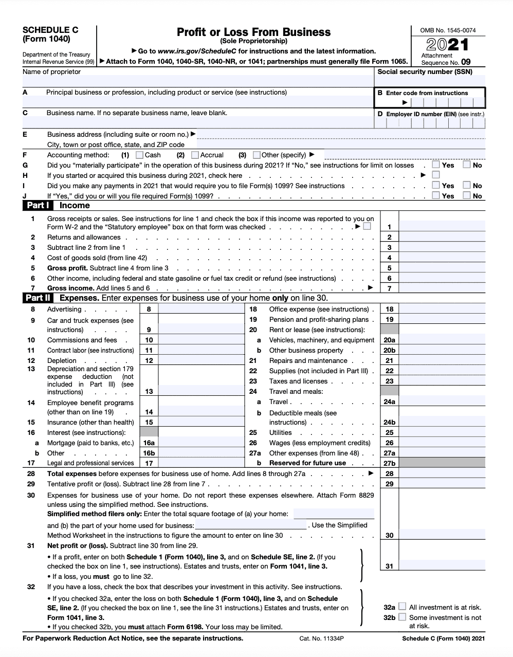 Image of Schedule C form for self-employed individuals to report profit or loss from business, including expenses such as taxes, 1099 payments, and depreciation.
