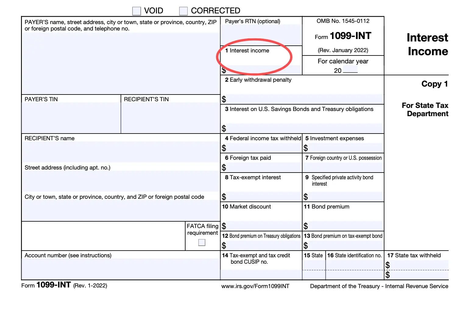 Image of Form 1099-INT for interest income reporting. Includes payer and recipient information, tax withholding, and bond premium details. Relevant for taxes.