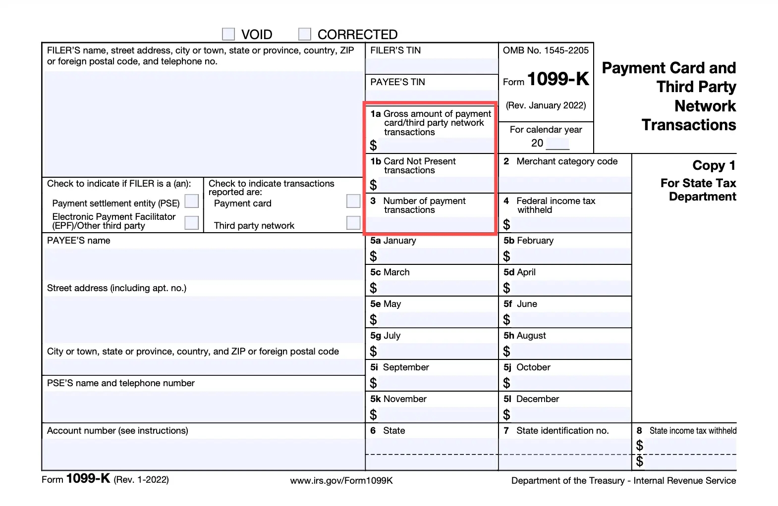 Image of Form 1099-K for payment card and third party network transactions with fields for filer's and payee's information, payment amount, and tax details. Relevant for self-employed, freelancers, and taxes.