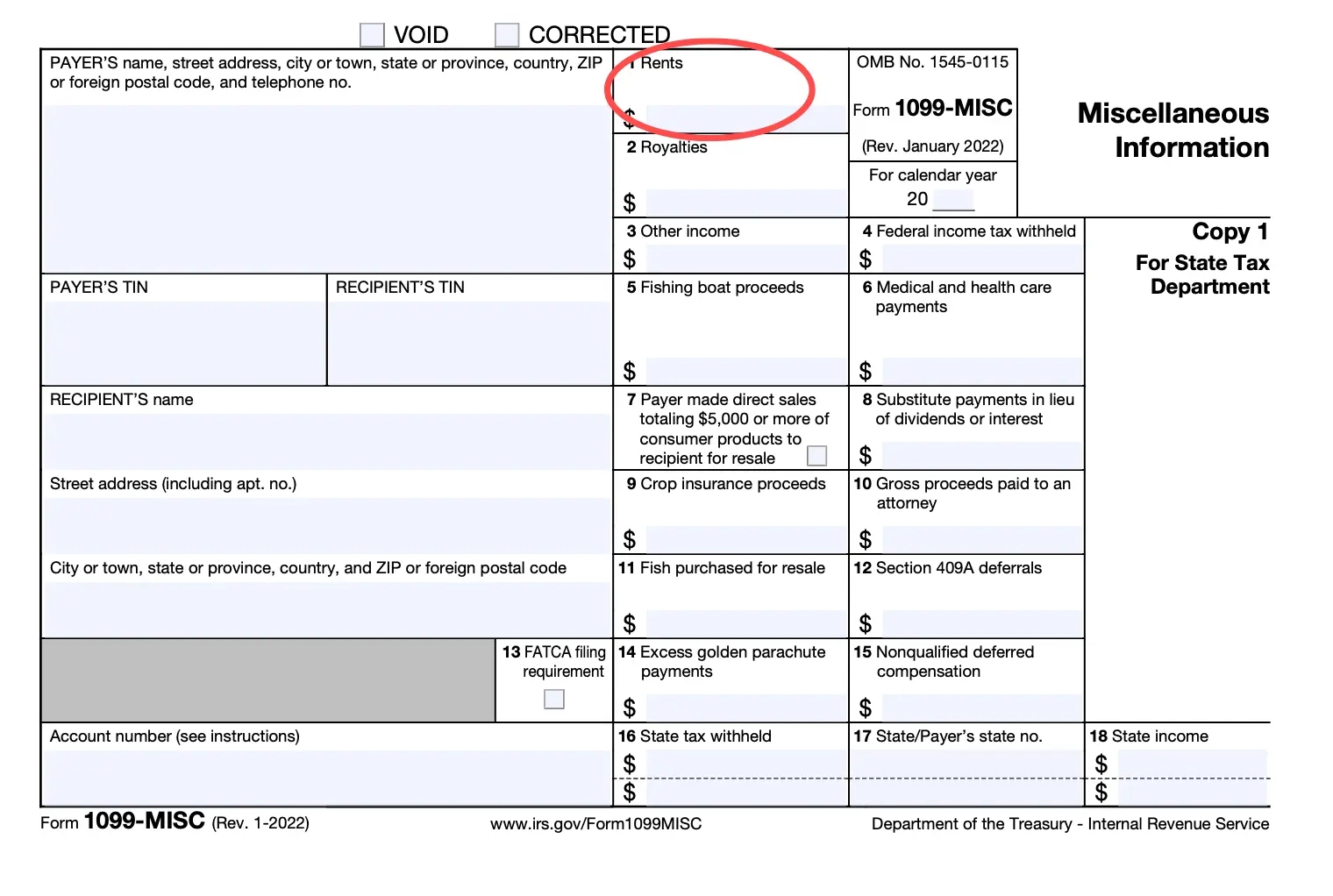 Image of Form 1099-MISC for reporting miscellaneous income and taxes. Includes fields for payer and recipient information, income types, and state tax withheld. Relevant for self-employed, freelancers, and those receiving miscellaneous income.