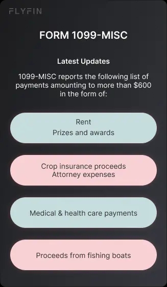 Image of a document titled 'FORM 1099-MISC' with latest updates. It lists payments over $600 for rent, prizes, fishing boats, crop insurance, attorney expenses, and medical payments. Relevant for taxes, self-employed, freelancers, and 1099.