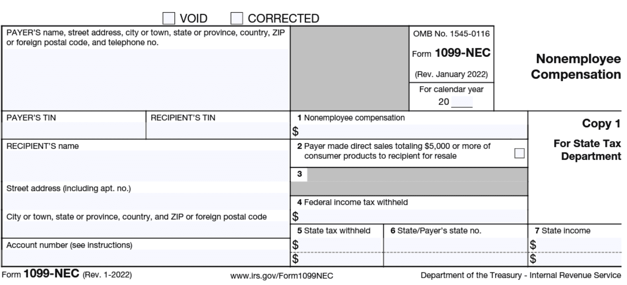 Image of Form 1099-NEC for reporting nonemployee compensation and direct sales. Includes payer and recipient information, taxes withheld, and state tax details.