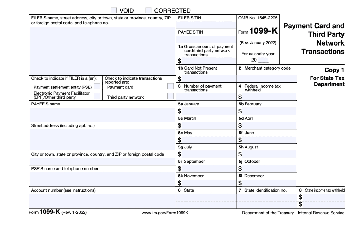 Image of Form 1099-K with fields for filer's and payee's details, payment card and third-party network transactions, and state and federal taxes.