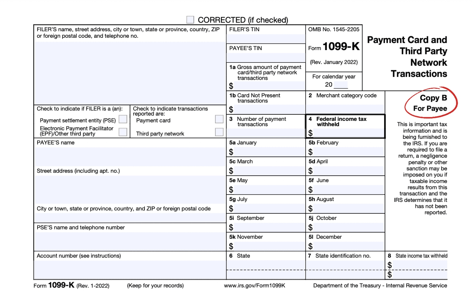 Image of Form 1099-K with fields for filer's and payee's information, payment details, and tax withholding. Relevant for self-employed, freelancers, and taxes.