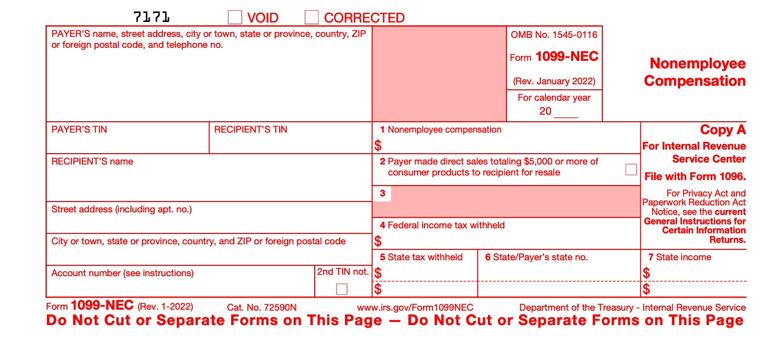 Image contains tax form instructions for nonemployee compensation (1099-NEC) with payer and recipient information, federal income tax, state taxes, and FATCA filing.