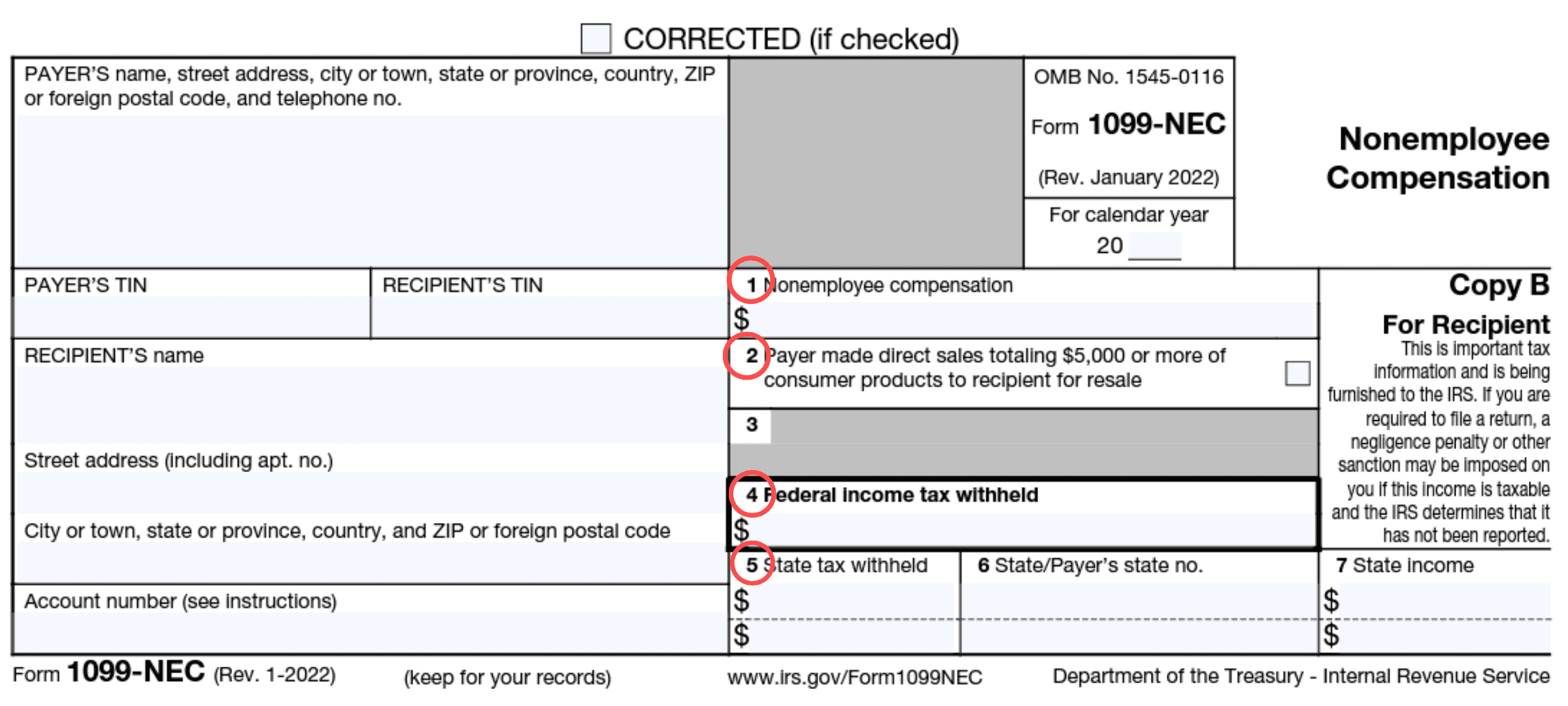 Image of Form 1099-NEC for reporting nonemployee compensation to the IRS. Includes payer and recipient information, taxes withheld, and account number.