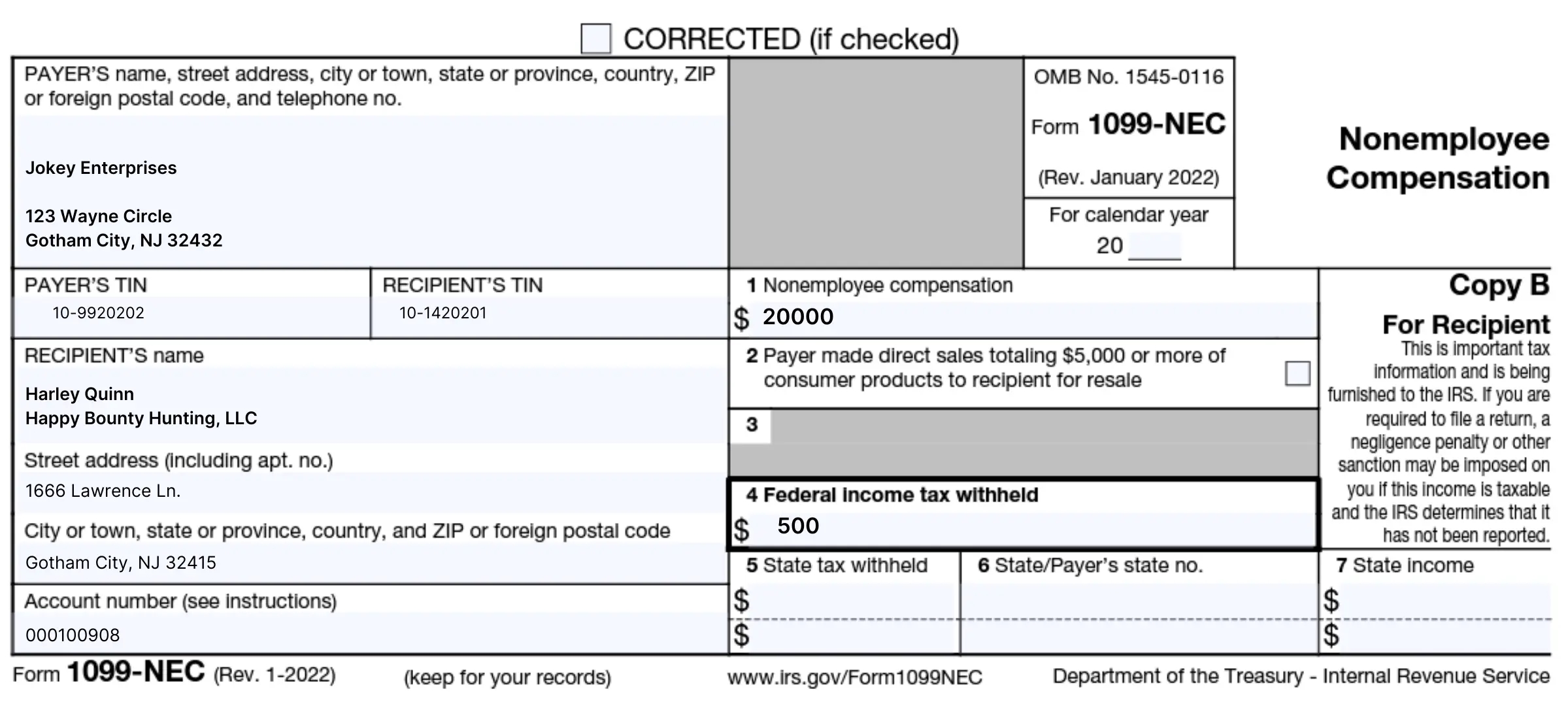 Image of a Form 1099-NEC with details of nonemployee compensation, federal and state taxes withheld, and recipient's information for tax purposes.