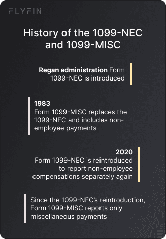 Image depicting the history of 1099-NEC and 1099-MISC forms since 1983. Includes reintroduction of 1099-NEC in 2020 to report non-employee compensations separately. Relevant for taxes, freelancers, and self-employed.