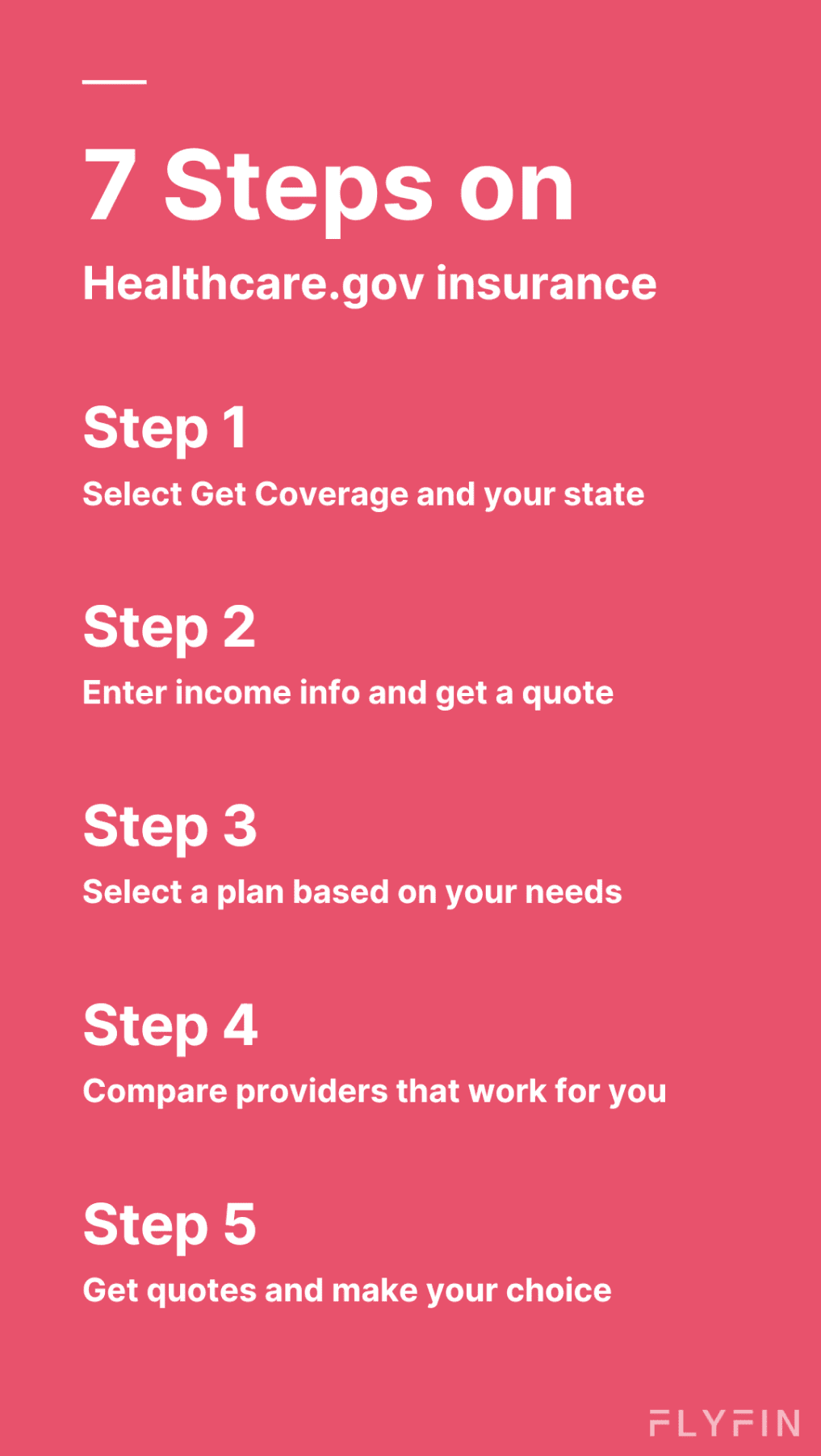 Image outlining 7 steps to get healthcare insurance on Healthcare.gov. Includes selecting state, comparing providers, choosing a plan, getting quotes, and entering income info.