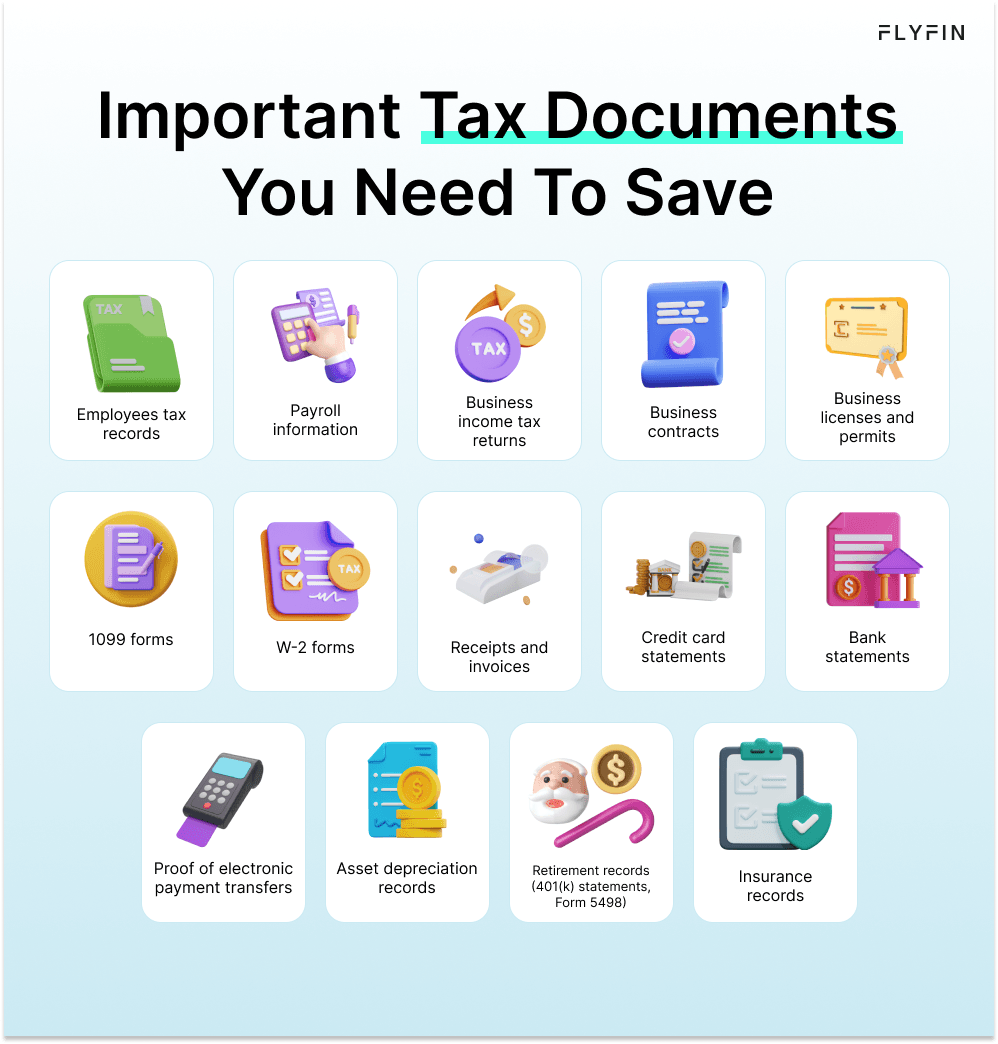 Infographic entitled Important Tax Documents You Need To Save listing 14 types of information documents to save apart from your tax returns.