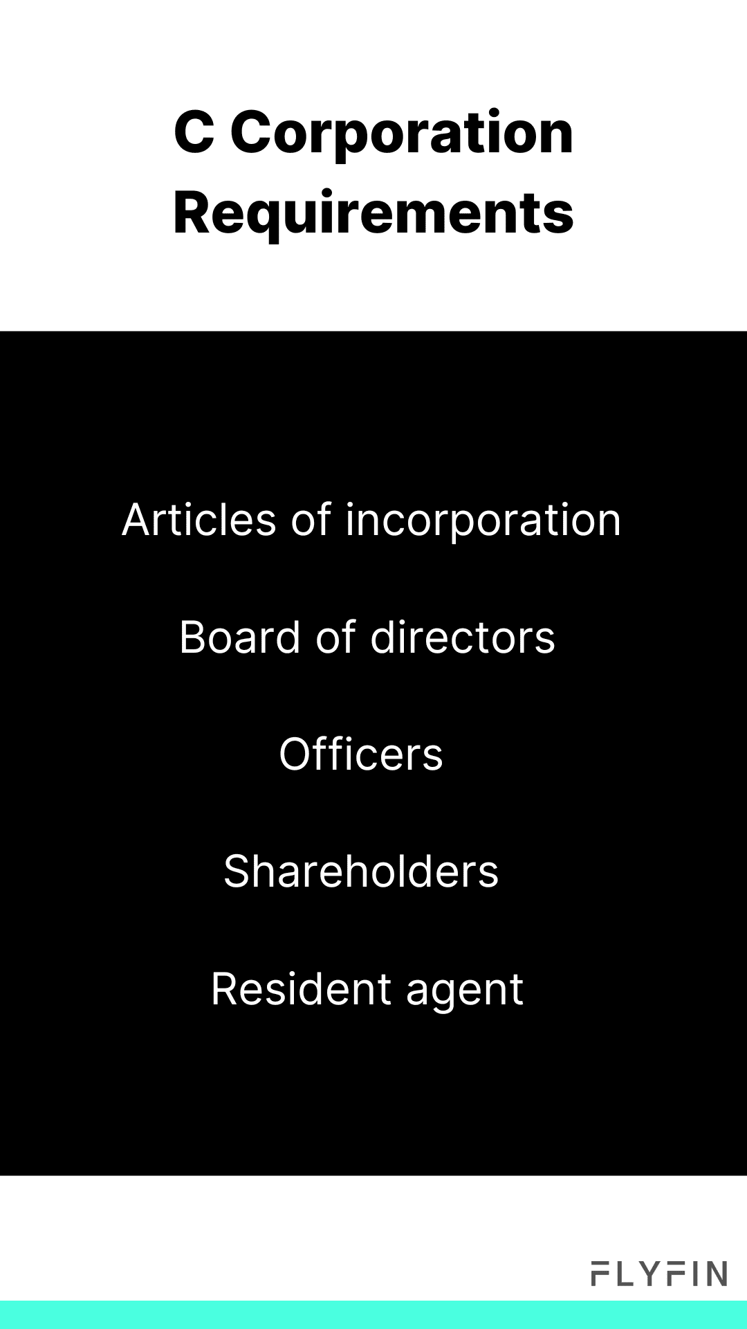 Alt text: Image describing the requirements for a C Corporation including articles of incorporation, board of directors, officers, shareholders, and resident agent. No mention of self-employment, 1099, freelancer, or taxes.