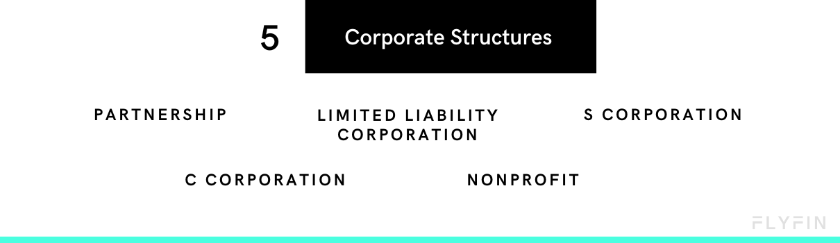 Image of text listing different types of corporate structures including Partnership, Limited Liability Corporation, S Corporation, C Corporation, and Nonprofit. No mention of self employed, 1099, freelancer, or taxes.