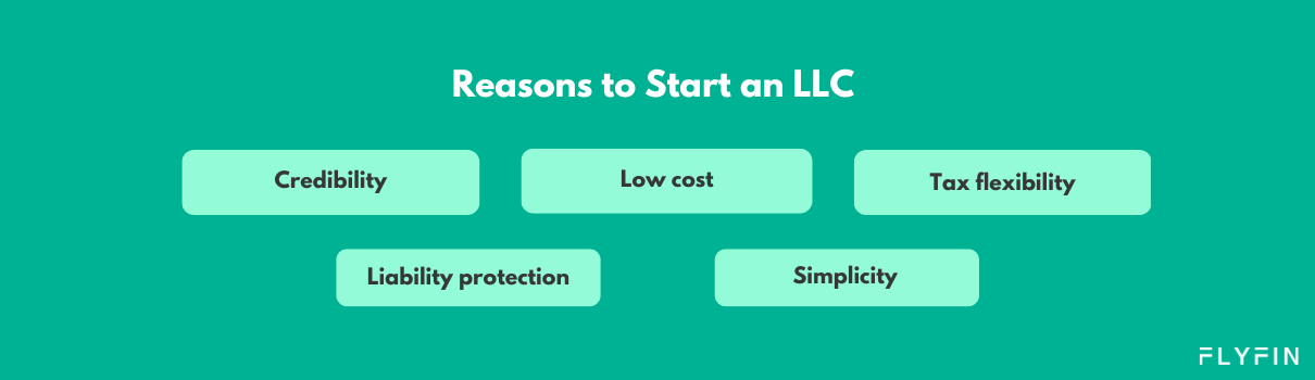 Image with text describing the benefits of starting an LLC, including low cost, tax flexibility, liability protection, and simplicity. Relevant for self-employed, 1099, and freelance workers managing taxes.