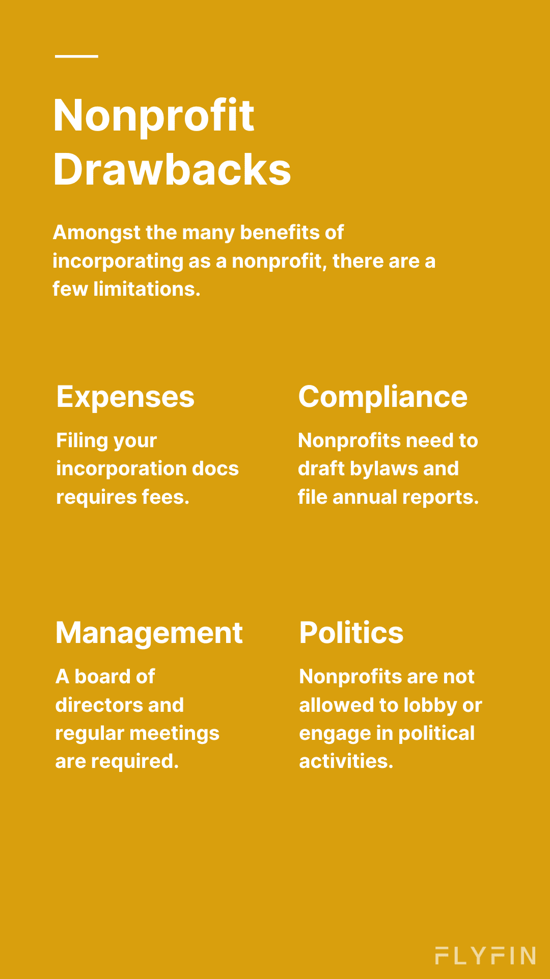 Image describing the limitations of incorporating as a nonprofit, including expenses, compliance, management, and restrictions on political activities. No relevance to self employed, 1099, freelancer or taxes.