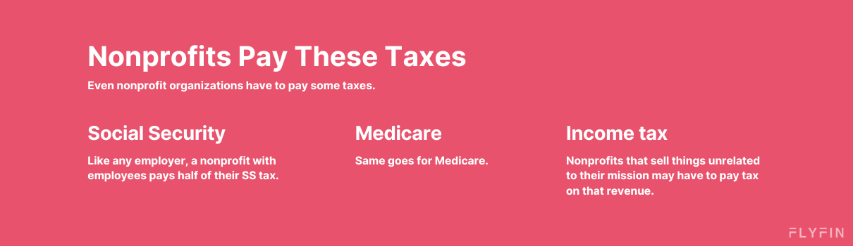 Image describing taxes paid by nonprofits including Social Security, Medicare, and income tax on revenue from unrelated sales. No mention of self-employed, 1099 or freelancer.