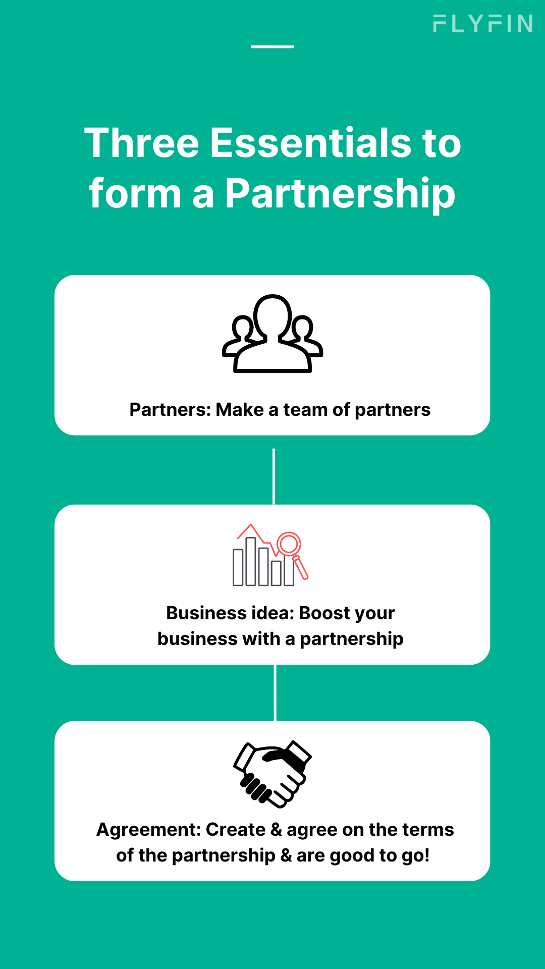 Image with text explaining the three essentials to form a partnership - partners, business idea, and agreement. Useful for entrepreneurs and small business owners. No mention of self employed, 1099, freelancer, or taxes.