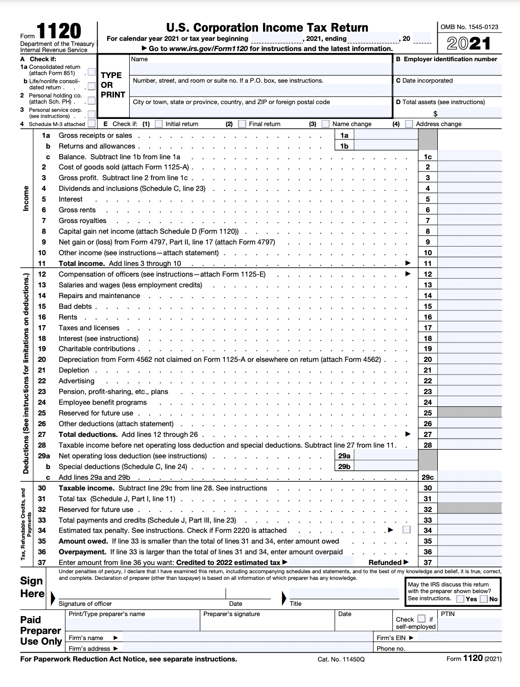 Image of Form 1120 for U.S. Corporation Income Tax Return with instructions and schedules. No relevance to self-employed, 1099, freelancer or personal taxes.