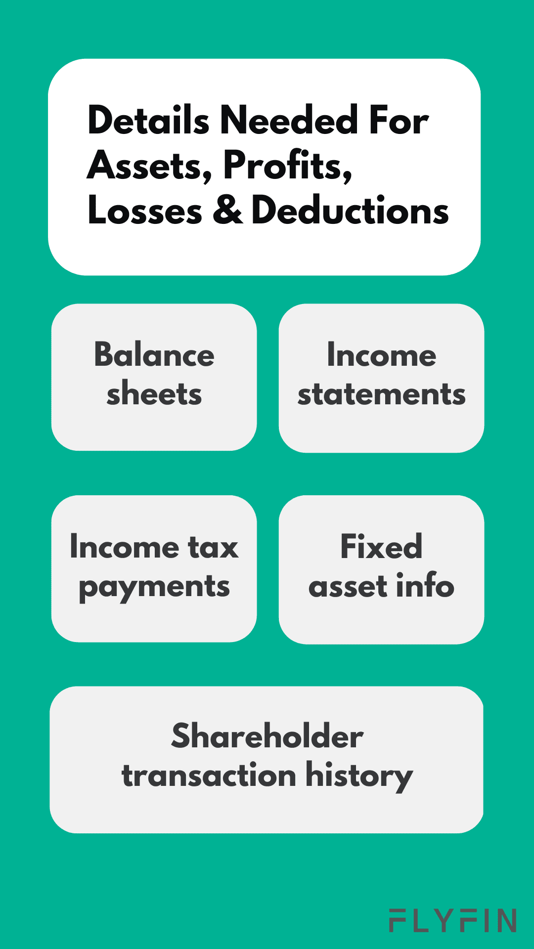 Image with text about financial statements, taxes, assets, and shareholder transactions. Includes details for income, losses, and deductions. Relevant for self-employed, 1099, and freelancer. FLY FIN.