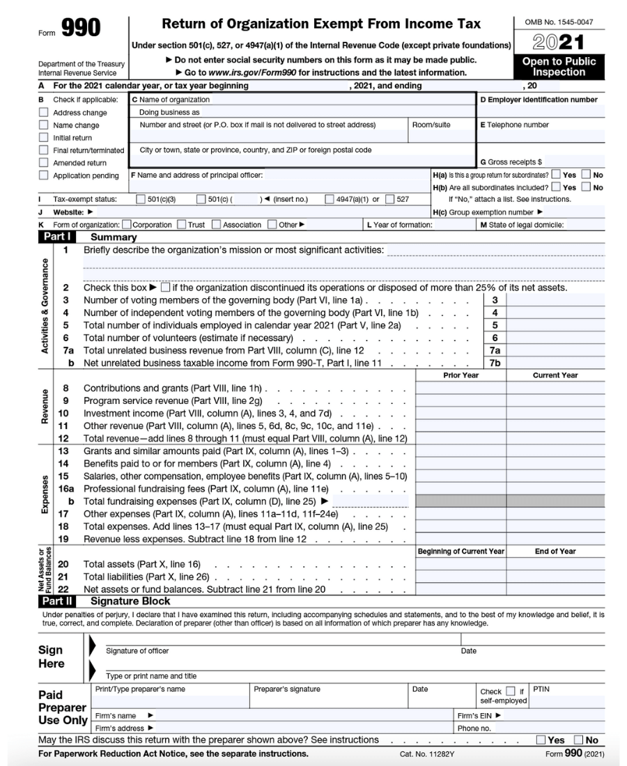 Image of IRS Form 990 for tax-exempt organizations. Includes instructions, organization details, revenue and expense information, and signature block. No relevance to self-employed, 1099, freelancer, or taxes.