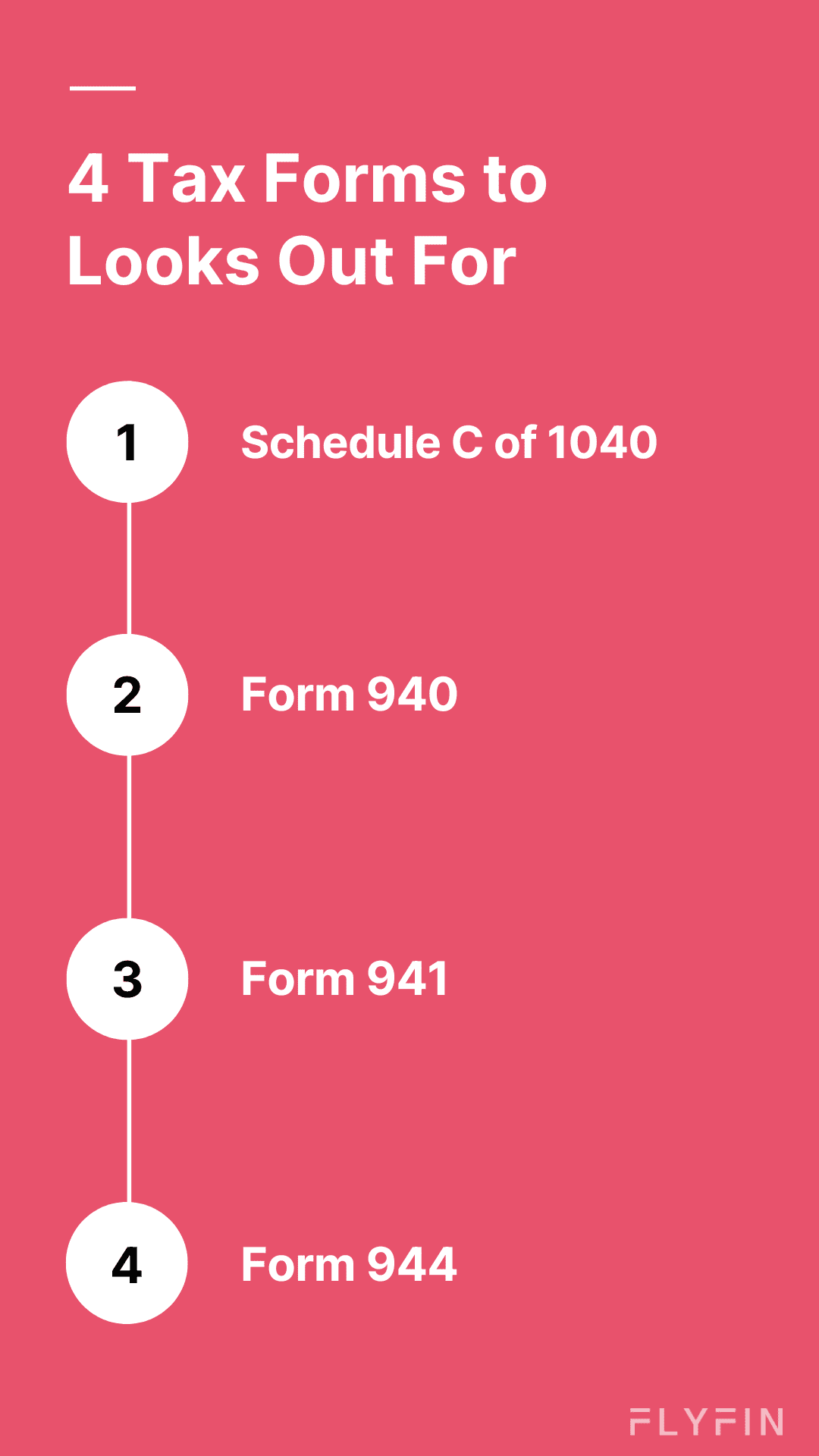 Image listing 4 important tax forms to watch out for - Schedule, C of 1040, Form 940, Form 941, and Form 944. Relevant for self-employed, freelancers, and those filing taxes with 1099 income.