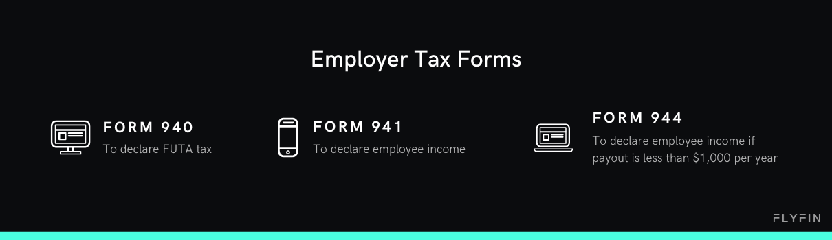 Image of text listing tax forms for employers - FORM 940 for FUTA tax, FORM 941 for employee income, and FORM 944 for employee income under $1,000 per year. No mention of self-employed, 1099, freelancer or taxes.