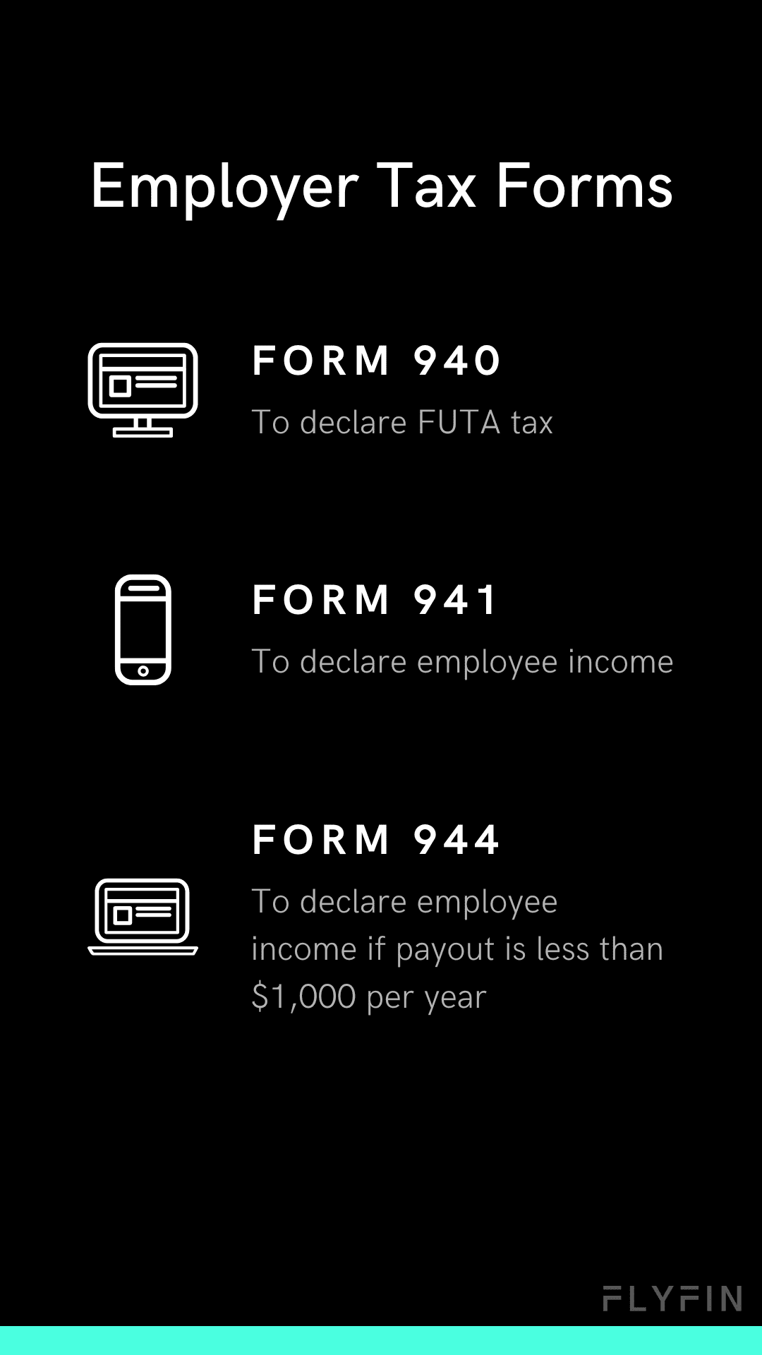 Image of text listing tax forms for employers - FORM 940 for FUTA tax, FORM 941 for employee income, and FORM 944 for employee income under $1,000 per year. No mention of self-employed, 1099, freelancer or taxes.