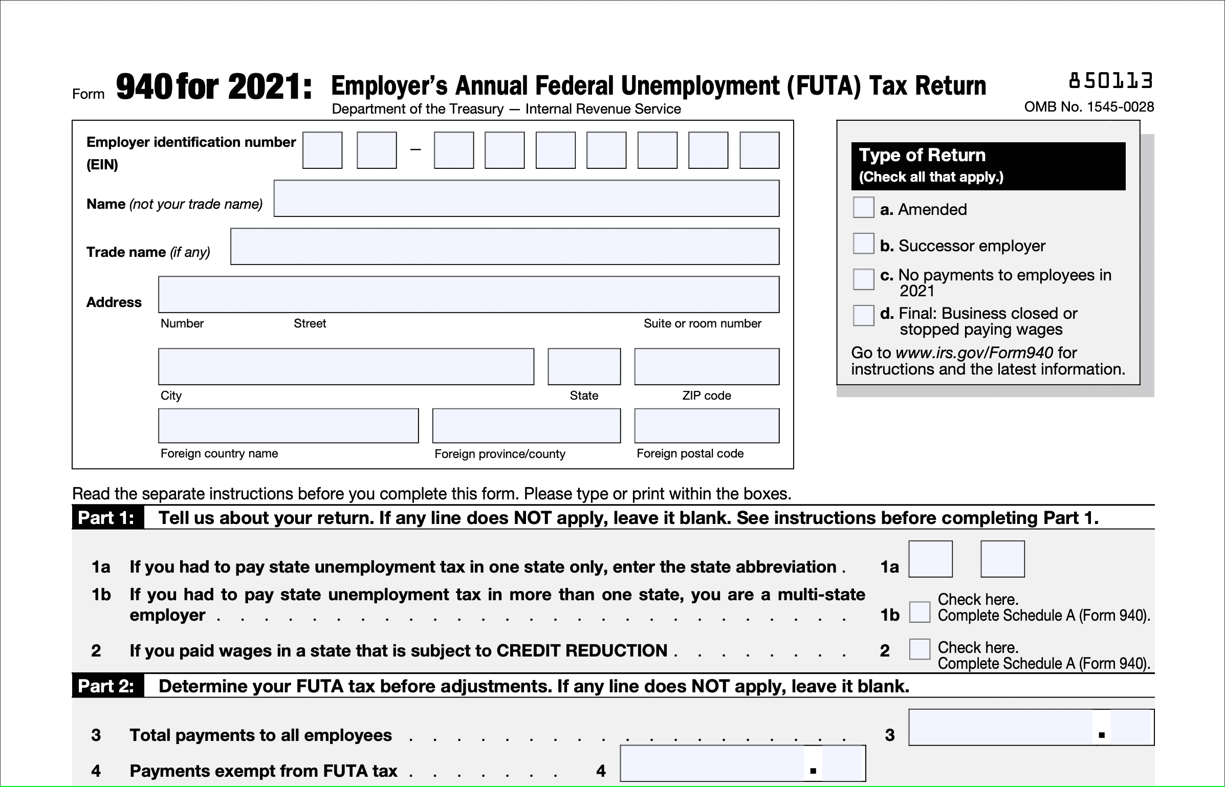 Image of Form 940 for 2021 - Employer's Annual Federal Unemployment (FUTA) Tax Return. Includes employer identification number, address, and tax information. No mention of self employed, 1099, freelancer, or taxes.