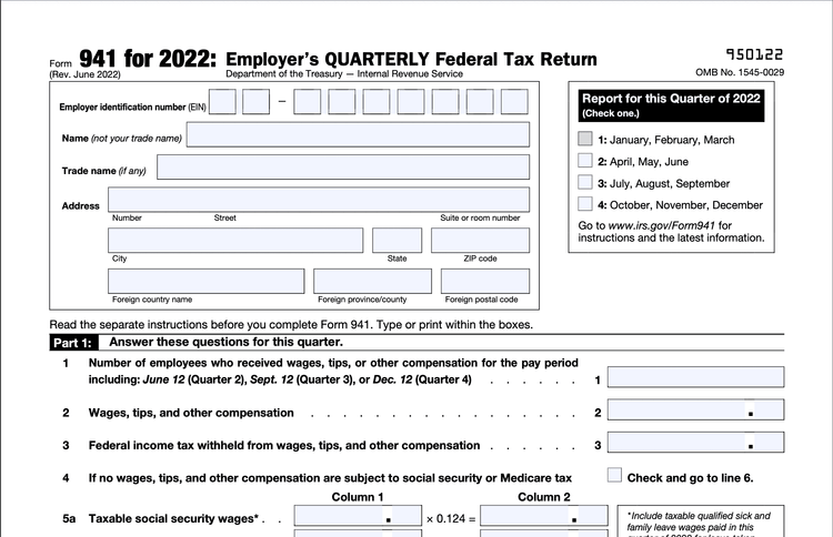 Image of Form 941 for 2022, Employer's Quarterly Federal Tax Return. Includes instructions for reporting employee wages, tips, and federal income tax withheld. No mention of self-employed, 1099, freelancer, or taxes.