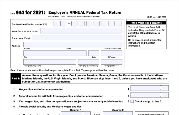 Image of Form 944 for Employer's Annual Federal Tax Return. Must file if notified by IRS. Includes EIN, name, address, wages, tax withheld, and more.