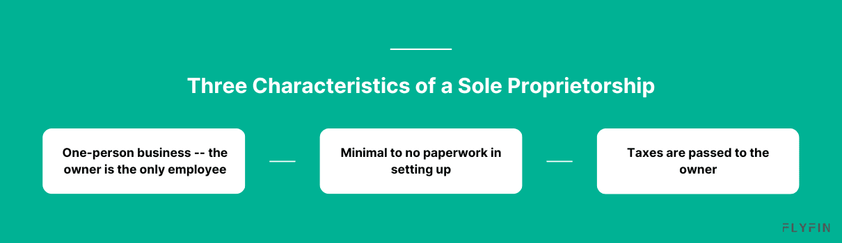 Image describing the three characteristics of a sole proprietorship - one-person business, minimal paperwork, and taxes passed to the owner. #selfemployed #taxes